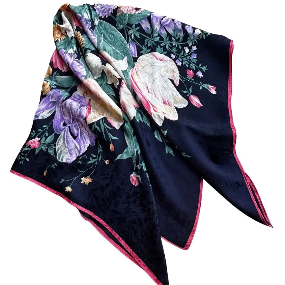 Vintage Ellen Tracy Silk brocade floral scarf blue pink green flowers square